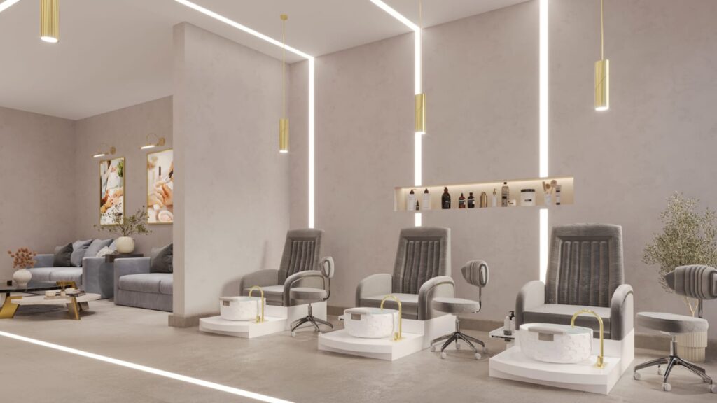 Modern spa interior with pedicure stations.